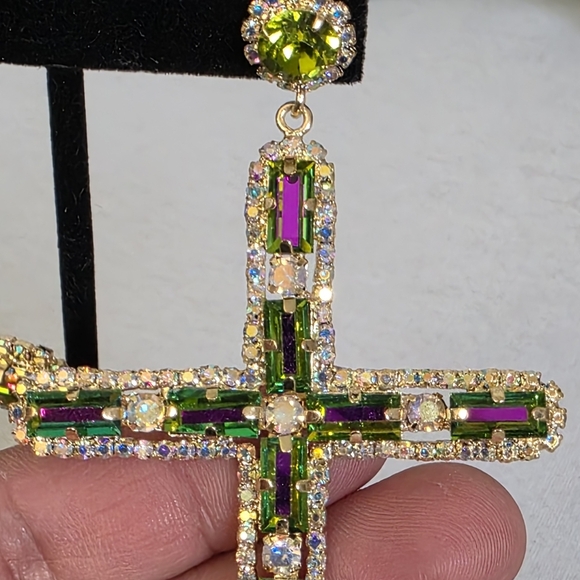 Statement Gold AB Cross Glam Earrings - Picture 6 of 11